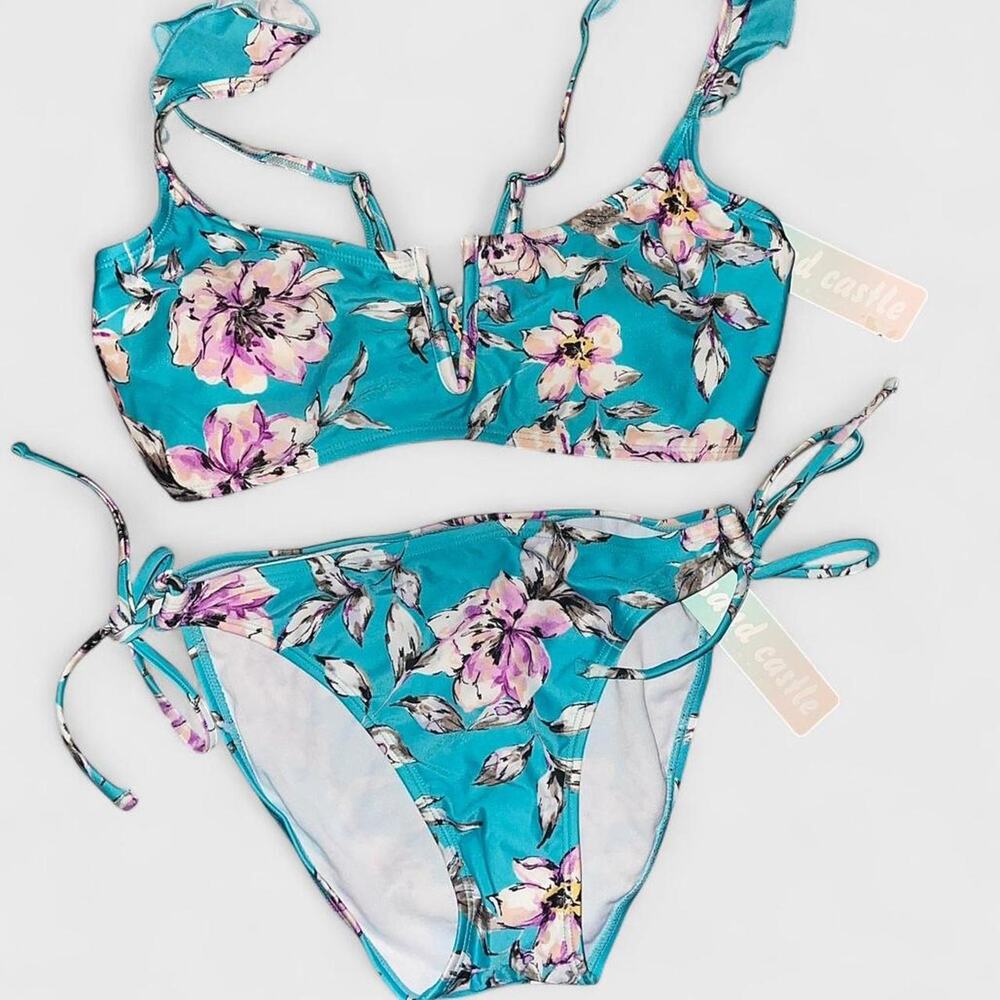 Sand Castle Aqua Blue Floral 2 Piece Bikini - Size Large